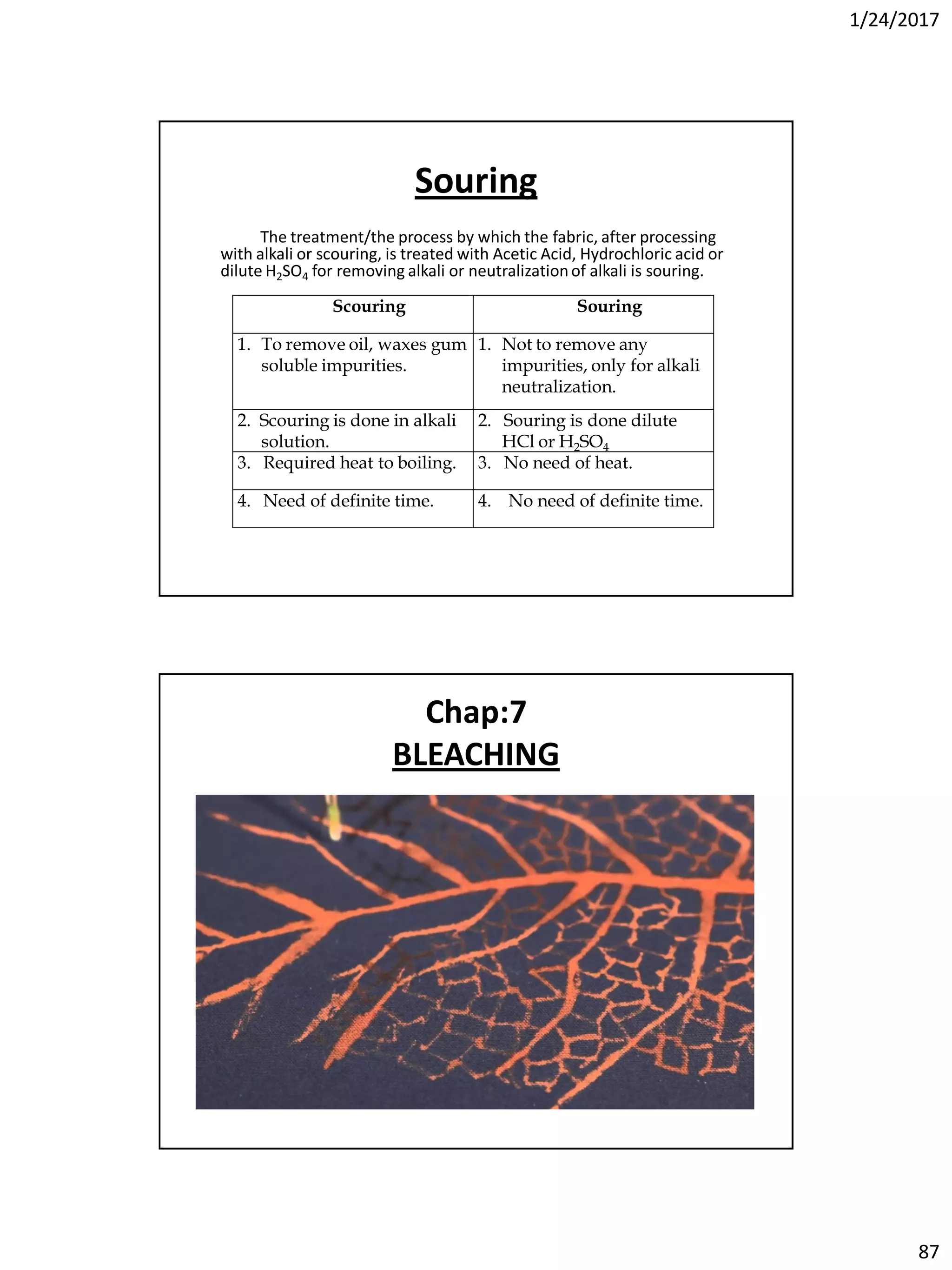 1/24/2017
87
Souring
The treatment/the process by which the fabric, after processing
with alkali or scouring, is treated with Acetic Acid, Hydrochloric acid or
dilute H2SO4 for removing alkali or neutralizationof alkali is souring.
Scouring Souring
1. To remove oil, waxes gum
soluble impurities.
1. Not to remove any
impurities, only for alkali
neutralization.
2. Scouring is done in alkali
solution.
2. Souring is done dilute
HCl or H2SO4
3. Required heat to boiling. 3. No need of heat.
4. Need of definite time. 4. No need of definite time.
Chap:7
BLEACHING
 