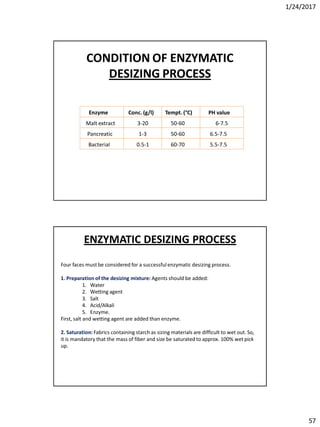 1/24/2017
57
Enzyme Conc. (g/l) Tempt. (°C) PH value
Malt extract 3-20 50-60 6-7.5
Pancreatic 1-3 50-60 6.5-7.5
Bacterial 0.5-1 60-70 5.5-7.5
CONDITION OF ENZYMATIC
DESIZING PROCESS
Four faces must be considered for a successfulenzymatic desizing process.
1. Preparation of the desizing mixture: Agents should be added:
1. Water
2. Wetting agent
3. Salt
4. Acid/Alkali
5. Enzyme.
First, salt and wetting agent are added than enzyme.
2. Saturation: Fabrics containing starch as sizing materials are difficult to wet out. So,
it is mandatory that the mass of fiber and size be saturated to approx. 100% wet pick
up.
ENZYMATIC DESIZING PROCESS
 