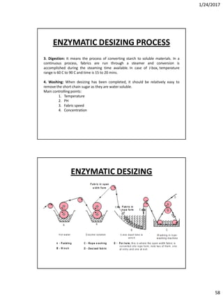 1/24/2017
58
3. Digestion: It means the process of converting starch to soluble materials. In a
continuous process, fabrics are run through a steamer and conversion is
accomplished during the steaming time available. In case of J-box, temperature
range is 60 C to 90 C and time is 15 to 20 mins.
4. Washing: When desizing has been completed, it should be relatively easy to
remove the short chain sugar as they are water soluble.
Main controlling points:
1. Temperature
2. PH
3. Fabric speed
4. Concentration
ENZYMATIC DESIZING PROCESS
ENZYMATIC DESIZING
 