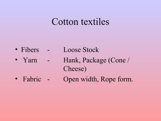 Cotton textiles 
• Fibers - Loose Stock 
• Yarn - Hank, Package (Cone / 
Cheese) 
• Fabric - Open width, Rope form. 
 