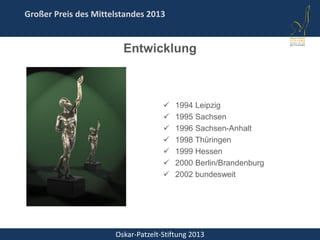 Oskar-Patzelt-Stiftung 2013
Großer Preis des Mittelstandes 2013
 1994 Leipzig
 1995 Sachsen
 1996 Sachsen-Anhalt
 1998 Thüringen
 1999 Hessen
 2000 Berlin/Brandenburg
 2002 bundesweit
Entwicklung
 