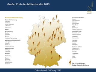 Oskar-Patzelt-Stiftung 2013
Großer Preis des Mittelstandes 2013
Bundesgeschäftsstelle Leipzig
Baden-Württemberg
Ettlingen
Heilbronn
Ilsfeld-Auenstein
Offenburg
Mannheim
Berlin
Brandenburg
Cottbus
Potsdam
Hessen
Waldeck-Frankenberg
Mecklenburg-Vorpommern
Ludwigslust
Rostock
Stralsund
Neubrandenburg
Niedersachsen
Göttingen
Hannover
Bremen
Hamburg
Bayern
München
Neumarkt
Burgkunstadt
Waldeck
Nordrhein-Westfalen
Essen
Grevenbroich
Münster
Münsterland
Köln/Bonn
Bonn
Paderborn
Region Paderborn
Rheinland-Pfalz
Kaiserslautern
Mayen-Alzheim
Saarland
Saarbrücken
Sachsen
Dresden
Leipzig
Mittweida
Sachsen-Anhalt
Magdeburg 1
Magdeburg 2
Dessau
Thüringen
Jena
Gera
Gotha
Servicestelle der
Oskar-Patzelt-Stiftung
 