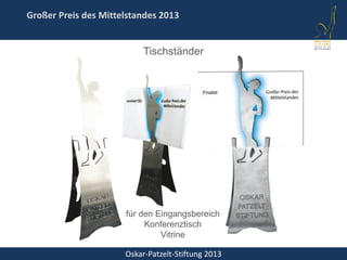 Oskar-Patzelt-Stiftung 2013
Großer Preis des Mittelstandes 2013
Tischständer
für den Eingangsbereich
Konferenztisch
Vitrine
 