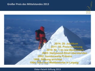 Oskar-Patzelt-Stiftung 2013
Großer Preis des Mittelstandes 2013
2014: 20. Jubiläum
2011: 50. Preisverleihung
2010: Nr. 1 im isw-Benchmark
2005: Hollywood-Streit überstanden
2002: bundesweite Präsenz
1998: Stiftung errichtet
1994: Start des Wettbewerbs in Leipzig
 