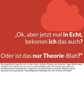  Friends.

Extravert

78 %

Sensing

38 %

Feeling

81 %

Judging

11 %

Scrum Master?
Also doch ein schlechter Scrum-Master? Nein, er ist schliesslich teil eines Teams, er muss
sich die fehlende Teile einfach von den Kollegen holen, und mit denen Kooperieren, zB mit
einem mit Dominanz auf Thinking. Beim realen Agenten J ist das btw. garantiert kein
Problem.

 