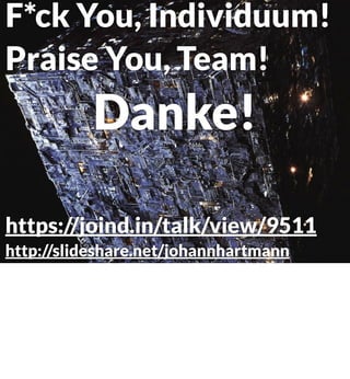 

Tools: Peer Review

Fokus: die angewandten
Fähigkeiten im Team
Das nächste wichtige Tool ist Peer Review. Peer Review heisst: meine Kollegen bewerten mich,
und zwar diejenigen, die mich meiner Ansicht nach am besten beurteilen können.
Und im Fokus stehen weder Fähigkeiten technischer noch Sozialer Natur, sondern die
Teilhabe an den angewandten Fähigkeiten im Team. Bei uns gibt es einen Bogen dazu, der
nur darauf abzielt, wie jemand im Team wirkt. In der Praxis ist es ja auch egal, was jemand
könnte - entscheidend ist, wie er tatsächlich wirkt.

 