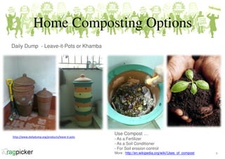 Home Composting Options
Use Compost …
- As a Fertilizer
- As a Soil Conditioner
- For Soil erosion control
More :
http://e...