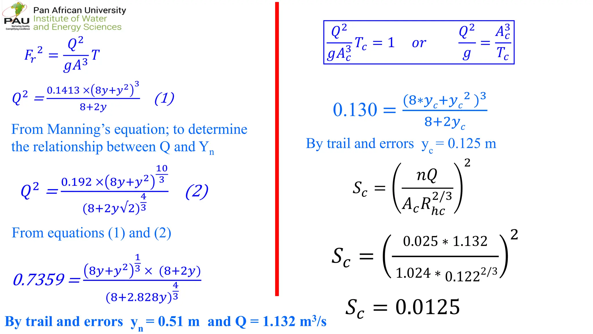 𝑆𝑆𝑐𝑐 =
𝑛𝑛𝑛𝑛
𝐴𝐴𝑐𝑐𝑅𝑅ℎ𝑐𝑐
2/3
2
𝑄𝑄2 =
0.1413 × 8𝑦𝑦+𝑦𝑦2 3
8+2𝑦𝑦
(1)
𝐹𝐹𝑟𝑟
2
=
𝑄𝑄2
𝑔𝑔𝐴𝐴3
𝑇𝑇
From Manning’s equation; to determine
the relationship between Q and Yn
𝑄𝑄2 =
0.192 × 8𝑦𝑦+𝑦𝑦2
10
3
(8+2𝑦𝑦√2)
4
3
(2)
From equations (1) and (2)
0.7359 =
8𝑦𝑦+𝑦𝑦2
1
3 × (8+2𝑦𝑦)
(8+2.828𝑦𝑦)
4
3
By trail and errors yn
= 0.51 m and Q = 1.132 m3/s
𝑄𝑄2
𝑔𝑔𝐴𝐴𝑐𝑐
3 𝑇𝑇𝑐𝑐 = 1 𝑜𝑜𝑜𝑜
𝑄𝑄2
𝑔𝑔
=
𝐴𝐴𝑐𝑐
3
𝑇𝑇𝑐𝑐
0.130 =
(8∗𝑦𝑦𝑐𝑐+𝑦𝑦𝑐𝑐
2 )3
8+2𝑦𝑦𝑐𝑐
By trail and errors yc
= 0.125 m
𝑆𝑆𝑐𝑐 =
0.025 ∗ 1.132
1.024 ∗ 0.1222/3
2
𝑆𝑆𝑐𝑐 = 0.0125
 