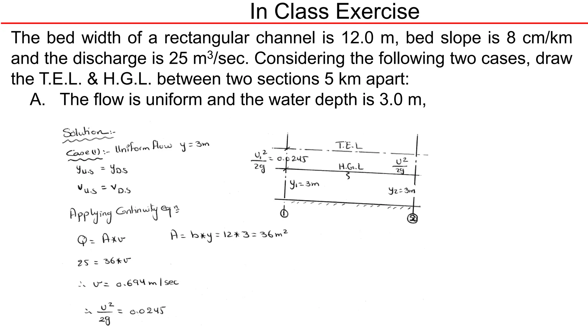 In Class Exercise
The bed width of a rectangular channel is 12.0 m, bed slope is 8 cm/km
and the discharge is 25 m3/sec. Considering the following two cases, draw
the T.E.L. & H.G.L. between two sections 5 km apart:
A. The flow is uniform and the water depth is 3.0 m,
 