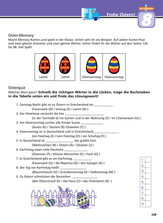 Oster-Memory
Macht Memory-Karten und spielt in der Klasse. Unten seht ihr ein Beispiel. Auf jedem Karten-Paar
sind zwei gleiche Ostereier und zwei gleiche Wörter. Sicher findet ihr die Wörter auf den Seiten 126
bis 98. Viel Spaß!
Osterquiz
Welches Wort passt? Schreib die richtigen Wörter in die Lücken, trage die Buchstaben
in die Tabelle unten ein und finde das Lösungswort!
1. Samstag Nacht gibt es zu Ostern in Griechenland ein ____________ .
(Feuerwerk (O) / Umzug (S) / Lamm (A) )
2. Der Osterhase versteckt die Eier _________________________.
(in der Turnhalle (I) /im Garten und in der Wohnung (S) / im Chemieraum (U) )
3. Am Ostersonntag suchen alle Kinder bunte ______________.
(Autos (K) / Taschen (R) /Ostereier (T) )
4. Ostermontag ist in Deutschland und in Griechenland________________ .
(ein Feiertag (E) / kein Feiertag (O) / ein Schultag (F) )
5. In Deutschland ist __________________ das größte Fest.
(Weihnachten (R) / Ostern (Ä) / Silvester (J) )
6. Karfreitag essen viele Deutsche _______________.
(Ostereier (T) / Wiener Würstchen (E) / Fisch (H) )
7. In Griechenland gibt es am Karfreitag ____________.
(Feuerwerk (U) / die Majiritsa (Q) / den Epitaph (A) )
8. Der Tag vor Karfreitag heißt _________________.
(Blaumittwoch (V) / Gründonnerstag (S) / Gelbmontag (M) )
9. Zu Ostern schmücken die Deutschen ________________.
(den Osterstrauß (E) / das Haus (C) / das Osterlamm (A) )
Lamm Lamm Ostersonntag Ostersonntag
11.11.
22.22.
33.33.
44.44.
55.55.
66.66.
77.77.
88.88.
99.99.
Frohe Ostern!
zu Lektion
88
129
 