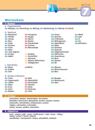 Guten Appetit!
Lektion
77
WWortschatzortschatz
1. Nomen1. Nomen
a. Ta. T ageszeitenageszeiten
der der der der derMorgen, Vormittag, Mittag, Nachmittag, Abend, Nachtdie
b. Speisenb. Speisen
der Nachtisch die Vorspeise das Essen das Mehl
der Pfeffer die Suppe das Gericht das Salz
der Honig die Wurst das Frühstück das Ei
der Reis die Butter das Mittagessen das Eis
der Salat die Schokolade das Abendbrot das Brötchen
der Kuchen die Zitrone das Obst
der Fisch die Marmelade das Gemüse
der Käse das Gulasch
der/ das Joghurt das (Jäger)schnitzel
der Zucker die Nudeln das Hähnchen
der Apfel die Kartoffeln das Sauerkraut
die Pommes das Brot
die Wiener Würstchen das Fleisch
die Süßigkeiten das Öl
c. Getränkec. Getränke
der Wein dieMilch das Wasser
der Kaffee das Mineralwasser
der Saft das Bier
d. Anderd. Ander e Nomen:e Nomen:
der Tisch die Diät das Rezept
der Supermarkt die Spezialität das Restaurant
der Löffel die Gaststätte das Glas
der Ober die Flasche
der Euro die Dose
der Cent die Packung
der Bäcker die Tüte
2. V2. V erbenerben
aussuchen, backen, beschreiben, fernsehen
bestellen, bestreuen, (be)zahlen, braten, backen, kosten
einkaufen, mitnehmen, mitkommen, suchen
mögen, schmecken, schneiden
sehen, wissen, wollen, wünschen
3. Adjektive3. Adjektive
hart – weich / süß – sauer / heiß/warm – kalt / teuer – billig /
salzig / scharf / frisch / pikant
wunderbar / fantastisch / lecker, scheußlich, schlecht
39
 