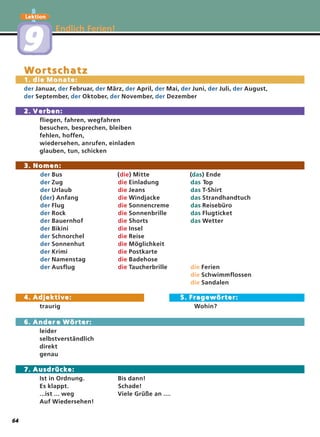 Endlich Ferien!
Lektion
99
WWortschatzortschatz
1. die Monate:1. die Monate:
der der der der der der der derJanuar, Februar, März, April, Mai, Juni, Juli, August,
der der der derSeptember, Oktober, November, Dezember
2. V2. V erben:erben:
fliegen, fahren, wegfahren
besuchen, besprechen, bleiben
fehlen, hoffen,
wiedersehen, anrufen, einladen
glauben, tun, schicken
3. Nomen:3. Nomen:
der Bus ( ) Mitte ( ) Endedie das
der Zug die Einladung das Top
der Urlaub die Jeans das T-Shirt
(der) Anfang die Windjacke das Strandhandtuch
der Flug die Sonnencreme das Reisebüro
der Rock die Sonnenbrille das Flugticket
der Bauernhof die Shorts das Wetter
der Bikini die Insel
der Schnorchel die Reise
der Sonnenhut die Möglichkeit
der Krimi die Postkarte
der Namenstag die Badehose
der Ausflug die Taucherbrille die Ferien
die Schwimmflossen
die Sandalen
4. Adjektive:4. Adjektive: 5. Fragewörter:5. Fragewörter:
traurig Wohin?
6. Ander6. Ander e Wörter:e Wörter:
leider
selbstverständlich
direkt
genau
7. Ausdrücke:7. Ausdrücke:
Ist in Ordnung. Bis dann!
Es klappt. Schade!
...ist ... weg Viele Grüße an ....
Auf Wiedersehen!
64
 
