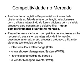 Competitividade no Mercado
● Atualmente, a Logística Empresarial está associada
diretamente ao fato de uma organização relacionar-se
com o cliente interagindo de forma eficiente com a cadeia
produtiva para conquistar o objetivo final – estar
competitivamente atuando no mercado.
● Para obter essa vantagem competitiva, as empresas estão
recorrendo aos sistemas integrados de informação,
buscando automatizar seu processo produtivo utilizando
algumas tecnologias do tipo:
● Electronic Data Interchange (EDI),
● o Warehouse Management System (WMS),
● tecnologia de código de barras e
● o Vendor Managed Inventor (VMI).
 