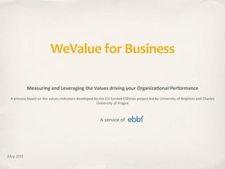 WeValue for Business

           Measuring and Leveraging the Values driving your Organiza6onal Performance 
 A process based on the values indicators developed by the EU‐funded ESDinds project led by University of Brighton and Charles 
                                                     University of Prague



                                                        A service of 




May 2011
 