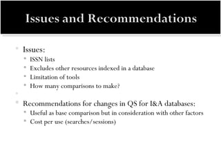 Issues: ISSN lists Excludes other resources indexed in a database Limitation of tools How many comparisons to make?   Recommendations for changes in QS for I&A databases: Useful as base comparison but in consideration with other factors Cost per use (searches/sessions)  