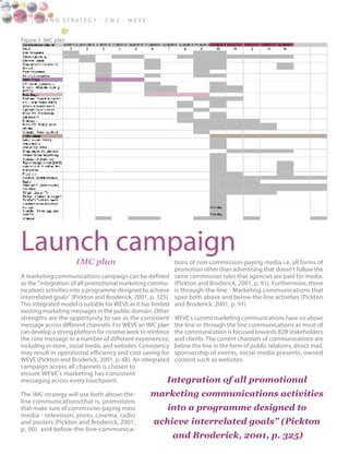 1 0 | B ra n d S t rat e g y - C W 2 - W E V E
Launch campaignIMC plan
A marketing communications campaign can be defined
as the “integration of all promotional marketing commu-
nications activities into a programme designed to achieve
interrelated goals” (Pickton and Broderick, 2001, p. 325).
This integrated model is suitable for WEVE as it has limited
existing marketing messages in the public domain. Other
strengths are the opportunity to see as the consistent
message across different channels. For WEVE an IMC plan
can develop a strong platform for creative work to reinforce
the core message in a number of different experiences;
including in-store , social media, and websites. Consistency
may result in operational efficiency and cost saving for
WEVE (Pickton and Broderick, 2001, p. 68). An integrated
campaign across all channels is chosen to
ensure WEVE’s marketing has consistent
messaging across every touchpoint.
The IMC strategy will use both above-the-
line communications(that is, promotions
that make sure of commission-paying mass
media - television, press, cinema, radio
and posters (Pickton and Broderick, 2001,
p. 90) and below-the-line communica-
tions of non-commission-paying media i.e. all forms of
promotion other than advertising that doesn’t follow the
same commission rules that agencies are paid for media.
(Pickton and Broderick, 2001, p. 91). Furthermore, there
is through-the-line - Marketing communications that
span both above and below-the-line activities (Pickton
and Broderick, 2001, p. 91)
WEVE’s current marketing communications have no above
the line or through the line communications as most of
the communication is focused towards B2B stakeholders
and clients. The current channels of communications are
below the line in the form of public relations, direct mail,
sponsorship of events, social media presents, owned
content such as websites.
Figure 3 IMC plan
Integration of all promotional
marketing communications activities
into a programme designed to
achieve interrelated goals” (Pickton
and Broderick, 2001, p. 325)
 