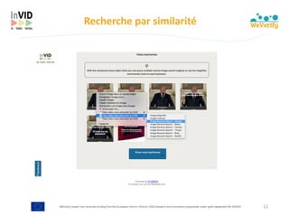 WeVerify project has received funding from the European Union's Horizon 2020 research and innovation programme under grant agreement No 825297
Recherche	par	similarité
12
 