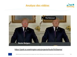 WeVerify project has received funding from the European Union's Horizon 2020 research and innovation programme under grant agreement No 825297
Analyse	des	vidéos
14
https://grail.cs.washington.edu/projects/AudioToObama/
 