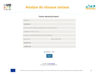 WeVerify project has received funding from the European Union's Horizon 2020 research and innovation programme under grant agreement No 825297
Analyse	de	réseaux	sociaux
16
 