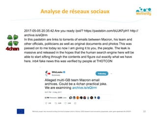 WeVerify project has received funding from the European Union's Horizon 2020 research and innovation programme under grant agreement No 825297
Analyse	de	réseaux	sociaux
18
2017-05-05 20:35:42 Are you ready /pol/? https://pastebin.com/bUJKFpH1 http://
archive.is/eQtrm
In this pastebin are links to torrents of emails between Macron, his team and
other officials, politicians as well as original documents and photos This was
passed on to me today so now I am giving it to you, the people. The leak is
massive and released in the hopes that the human search engine here will be
able to start sifting through the contents and figure out exactly what we have
here. inb4 fake news this was verified by people at THOTCON
 