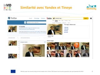 WeVerify project has received funding from the European Union's Horizon 2020 research and innovation programme under grant agreement No 825297
Similarité	avec	Yandex	et	Tineye
8
 