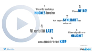 @wevideo
1
Visuelle budskap
HUSKES bedre
2
Mye høyere SYNLIGHETved
online søk
3
Video DELES!
4
Vi er blitt LATE
5
Video genererer KJØP
6
Video signaliserer
ÆRLIGHET
Forbes(2013)
 