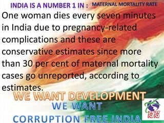 One woman dies every seven minutes
in India due to pregnancy-related
complications and these are
conservative estimates since more
than 30 per cent of maternal mortality
cases go unreported, according to
estimates.
MATERNAL MORTALITY RATE
 