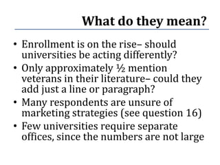 What do they mean?
• Enrollment is on the rise– should
  universities be acting differently?
• Only approximately ½ mention
  veterans in their literature– could they
  add just a line or paragraph?
• Many respondents are unsure of
  marketing strategies (see question 16)
• Few universities require separate
  offices, since the numbers are not large
 