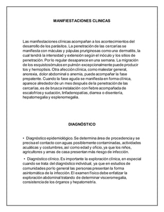MANIFIESTACIONES CLINICAS
Las manifestaciones clínicas acompañan a los acontecimientos del
desarrollo de los parásitos. La penetración de las cercarías se
manifiesta con máculas y pápulas pruriginosas como una dermatitis, la
cual tendrá la intensidad y extensión según el inóculo y los sitios de
penetración. Por lo regular desaparece en una semana. La migración
de los esquistosómulosen pulmón excepcionalmente puede producir
tos y hemoptisis.Otra afecciónclínica, como malestar general,
anorexia, dolor abdominal o anemia, puede acompañar la fase
prepatente. Cuando la fase aguda se manifiesta en forma clínica,
aparece alrededorde un mes después de la penetraciónde las
cercarías,es de brusca instalación con fiebre acompañada de
escalofríosy sudación, linfadenopatías,diarrea o disentería,
hepatomegalia y esplenomegalia.
DIAGNÓSTICO
• Diagnóstico epidemiológico.Se determina área de procedenciay se
precisael contacto con aguas posiblemente contaminadas, actividades
acuáticas y costumbres,así como edad y oficio,ya que los niños,
agricultores y amas de casa presentan más riesgo de infección.
• Diagnóstico clínico.Es importante la exploración clínica, en especial
cuando se trata del diagnóstico individual, ya que en estudios de
comunidades porlo general las personas presentan la forma
asintomática de la infección.El examen físico debe enfatizar la
exploración abdominal tratando de determinar visceromegalia,
consistenciade los órganos y hepatometría.
 