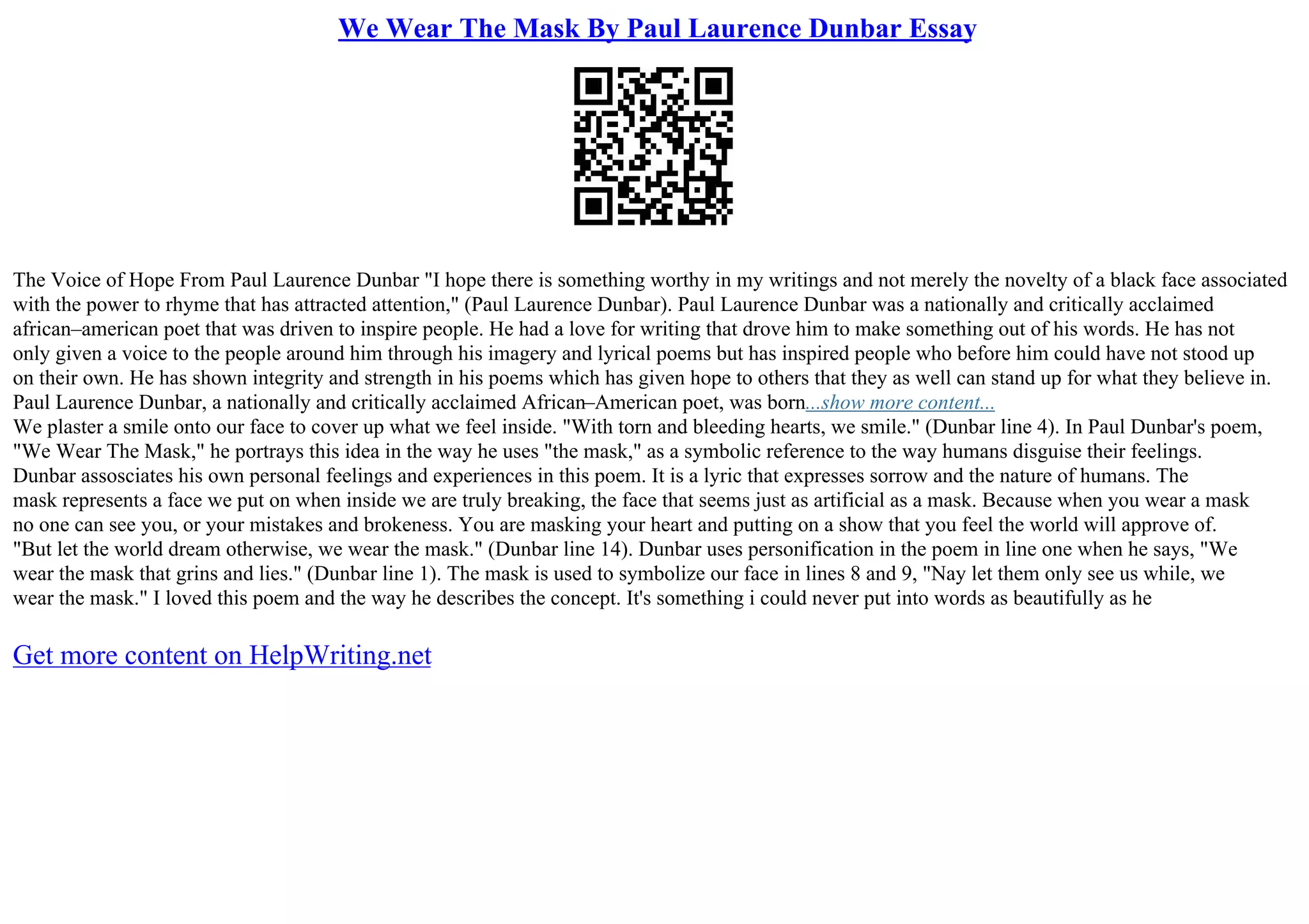 We Wear The Mask By Paul Laurence Dunbar Essay PPT