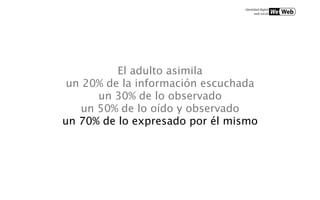 El adulto asimila
 un 20% de la información escuchada
       un 30% de lo observado
    un 50% de lo oído y observado
un 70% de lo expresado por él mismo
 