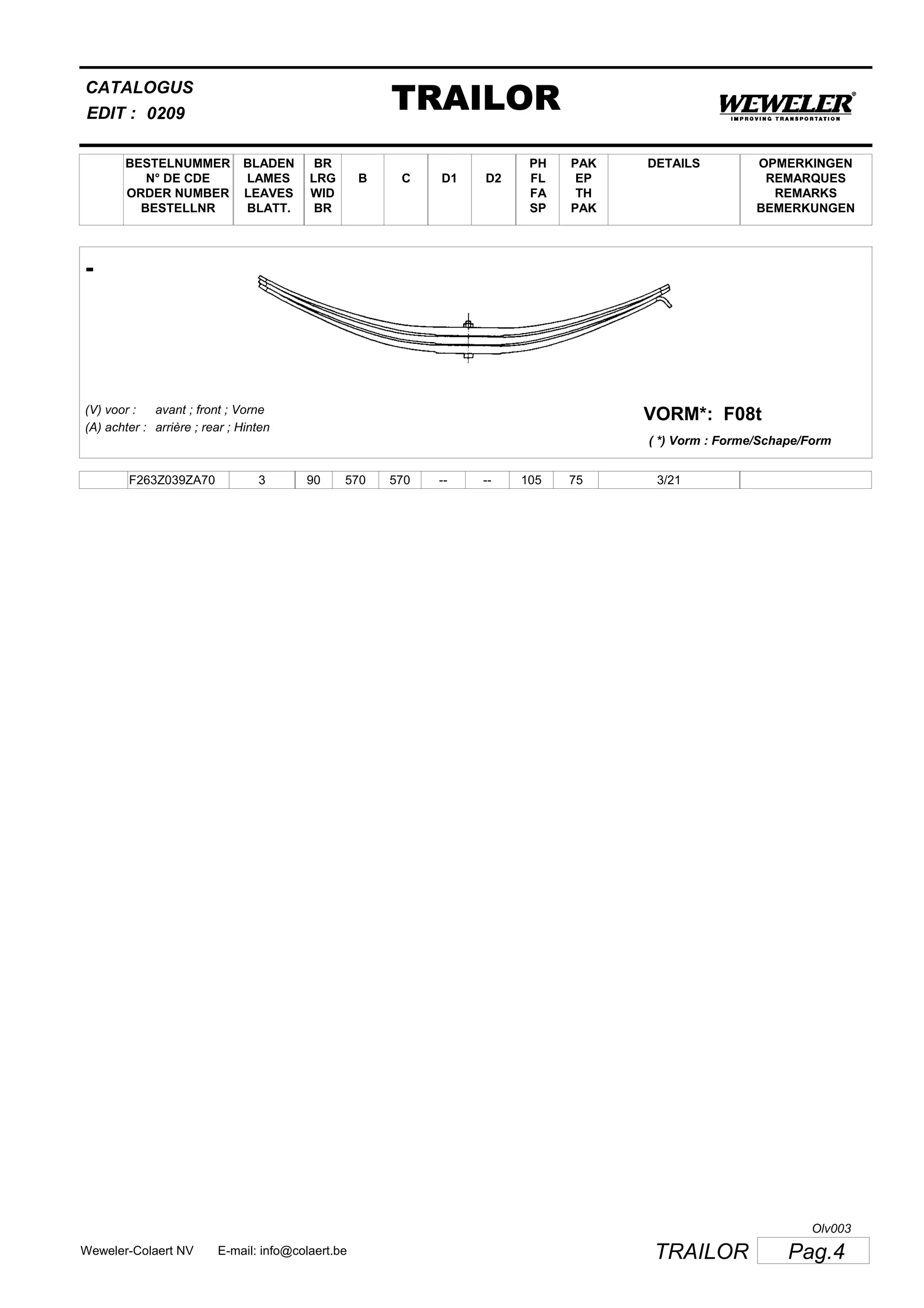 BESTELNUMMER
N° DE CDE
ORDER NUMBER
BESTELLNR
BLADEN
LAMES
LEAVES
BLATT.
BR
LRG
WID
BR
B C D1 D2
PH
FL
FA
SP
PAK
EP
TH
PAK
CATALOGUS
EDIT :
TRAILOR0209
DETAILS OPMERKINGEN
REMARQUES
REMARKS
BEMERKUNGEN
-
F08tVORM*:(V) voor :
(A) achter :
avant ; front ; Vorne
arrière ; rear ; Hinten
( *) Vorm : Forme/Schape/Form
F263Z039ZA70 3 90 570 570 -- -- 105 75 3/21
Pag.4TRAILORWeweler-Colaert NV E-mail: info@colaert.be
Olv003
 