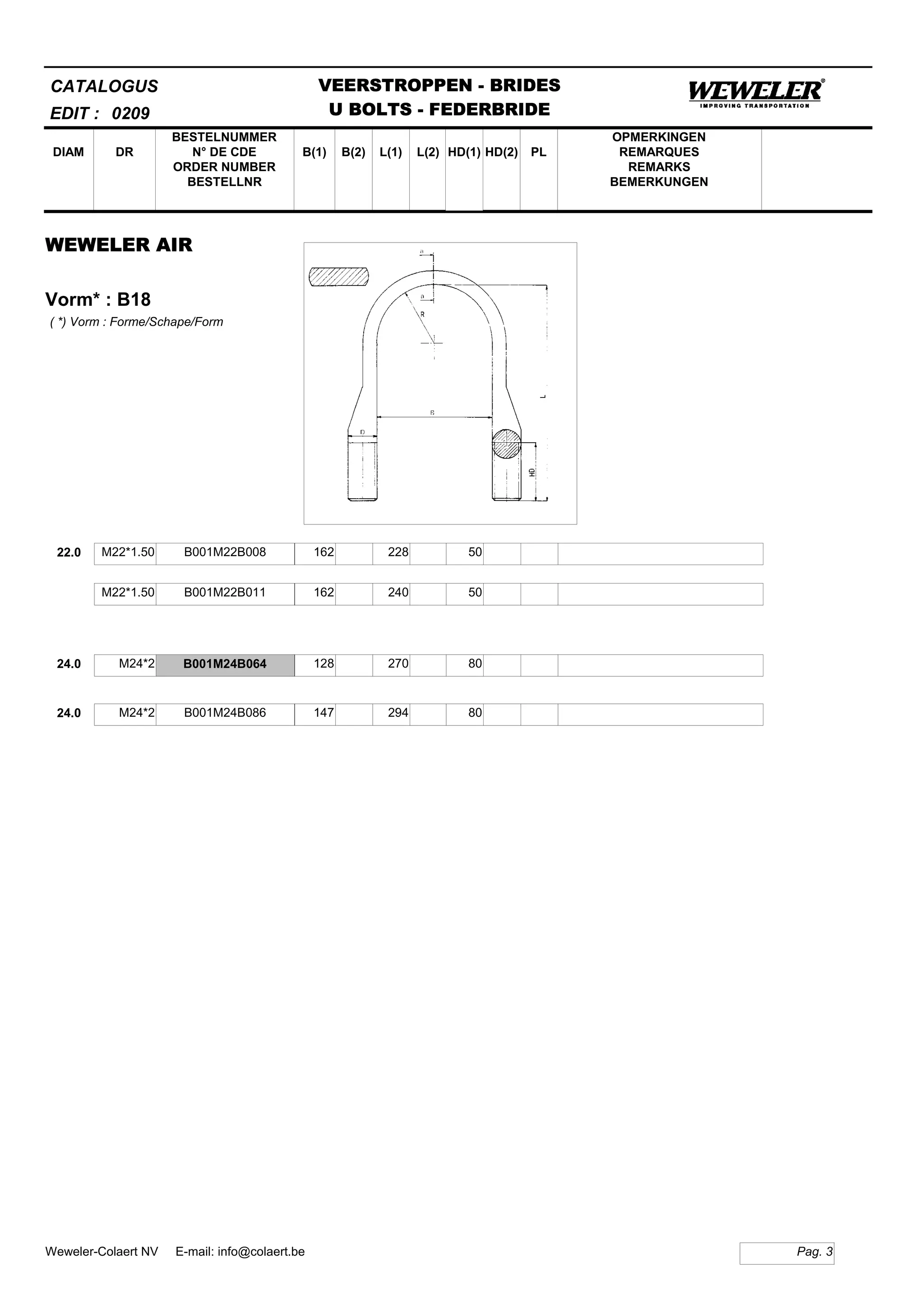 B(1)
BESTELNUMMER
N° DE CDE
ORDER NUMBER
BESTELLNR
DIAM B(2) L(1)
CATALOGUS
DR L(2) HD(1)
VEERSTROPPEN - BRIDES
U BOLTS - FEDERBRIDE
HD(2) PL
OPMERKINGEN
REMARQUES
REMARKS
BEMERKUNGEN
WEWELER AIR
Vorm* : B18
EDIT : 0209
( *) Vorm : Forme/Schape/Form
22.0 M22*1.50 B001M22B008 162 228 50
M22*1.50 B001M22B011 162 240 50
24.0 M24*2 B001M24B064 128 270 80
24.0 M24*2 B001M24B086 147 294 80
Pag. 3Weweler-Colaert NV E-mail: info@colaert.be
 