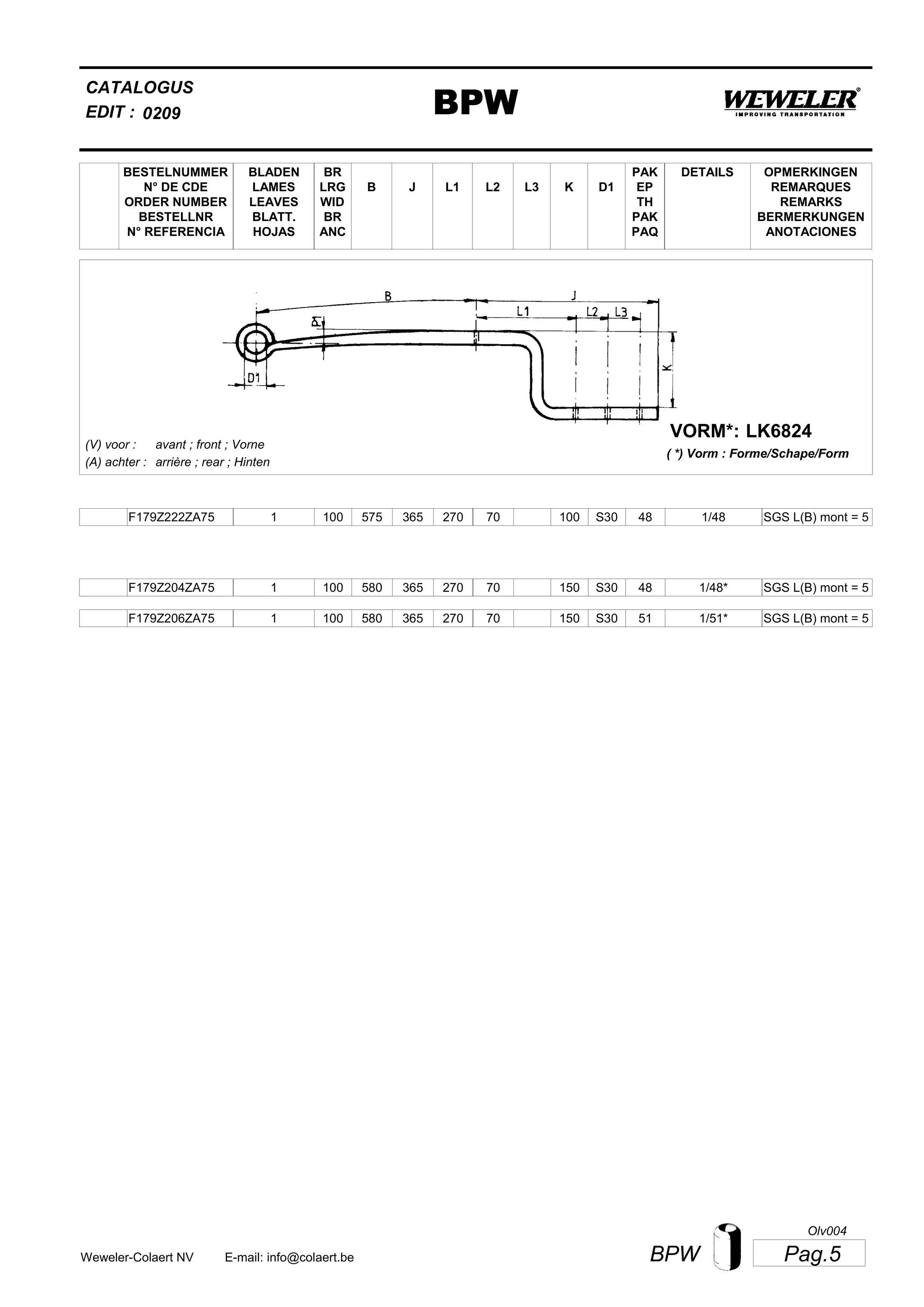 L2
BESTELNUMMER
N° DE CDE
ORDER NUMBER
BESTELLNR
N° REFERENCIA
BLADEN
LAMES
LEAVES
BLATT.
HOJAS
BR
LRG
WID
BR
ANC
B J L3 K
OPMERKINGEN
REMARQUES
REMARKS
BERMERKUNGEN
ANOTACIONES
CATALOGUS
L1 D1
PAK
EP
TH
PAK
PAQ
DETAILS
EDIT : BPW0209
LK6824VORM*:
( *) Vorm : Forme/Schape/Form
(V) voor :
(A) achter :
avant ; front ; Vorne
arrière ; rear ; Hinten
F179Z222ZA75 1 100 575 365 270 70 100 1/48S30 48 SGS L(B) mont = 5
F179Z204ZA75 1 100 580 365 270 70 150 1/48*S30 48 SGS L(B) mont = 5
F179Z206ZA75 1 100 580 365 270 70 150 1/51*S30 51 SGS L(B) mont = 5
Pag.5BPWWeweler-Colaert NV E-mail: info@colaert.be
Olv004
 