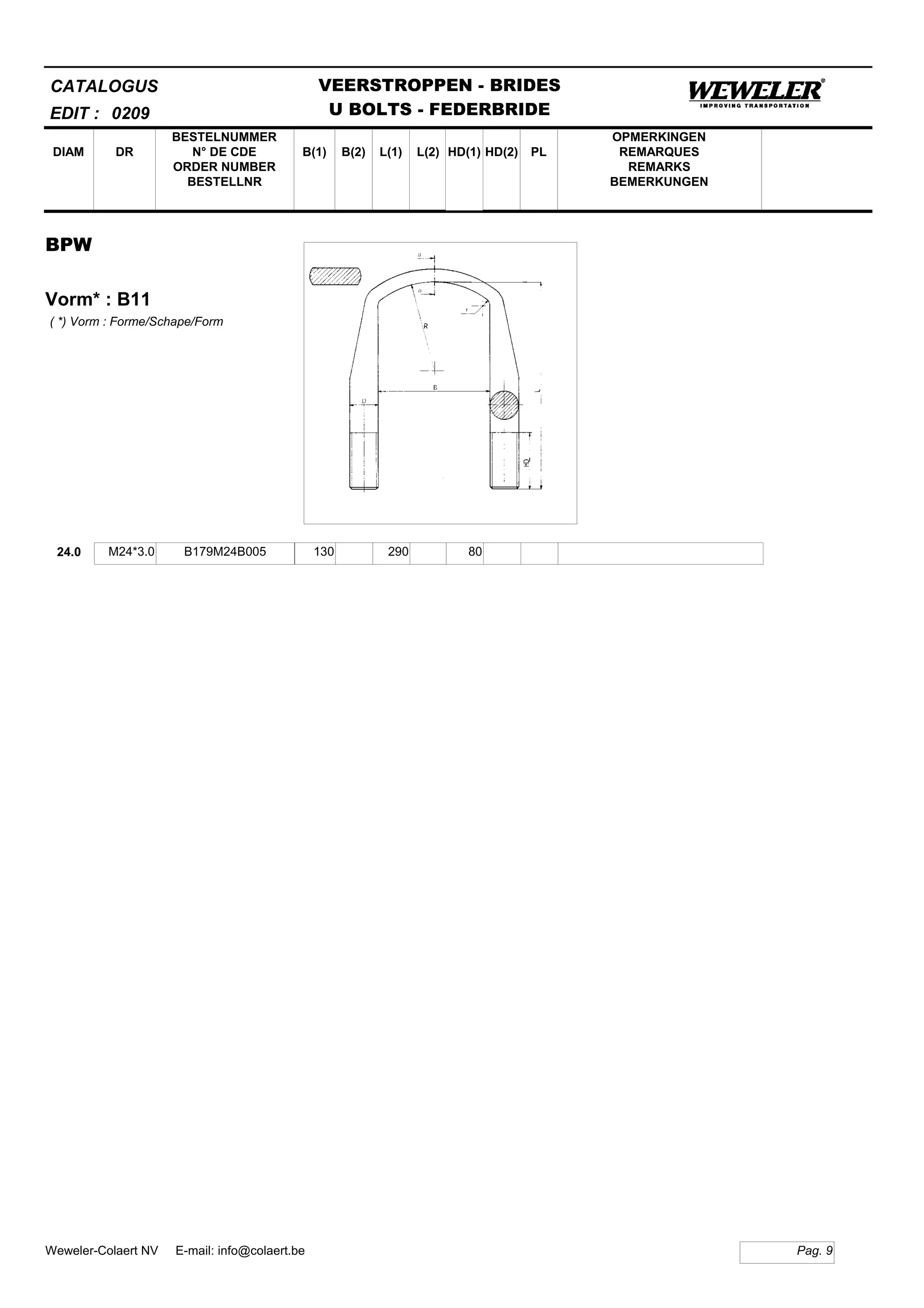 B(1)
BESTELNUMMER
N° DE CDE
ORDER NUMBER
BESTELLNR
DIAM B(2) L(1)
CATALOGUS
DR L(2) HD(1)
VEERSTROPPEN - BRIDES
U BOLTS - FEDERBRIDE
HD(2) PL
OPMERKINGEN
REMARQUES
REMARKS
BEMERKUNGEN
BPW
Vorm* : B11
EDIT : 0209
( *) Vorm : Forme/Schape/Form
24.0 M24*3.0 B179M24B005 130 290 80
Pag. 9Weweler-Colaert NV E-mail: info@colaert.be
 