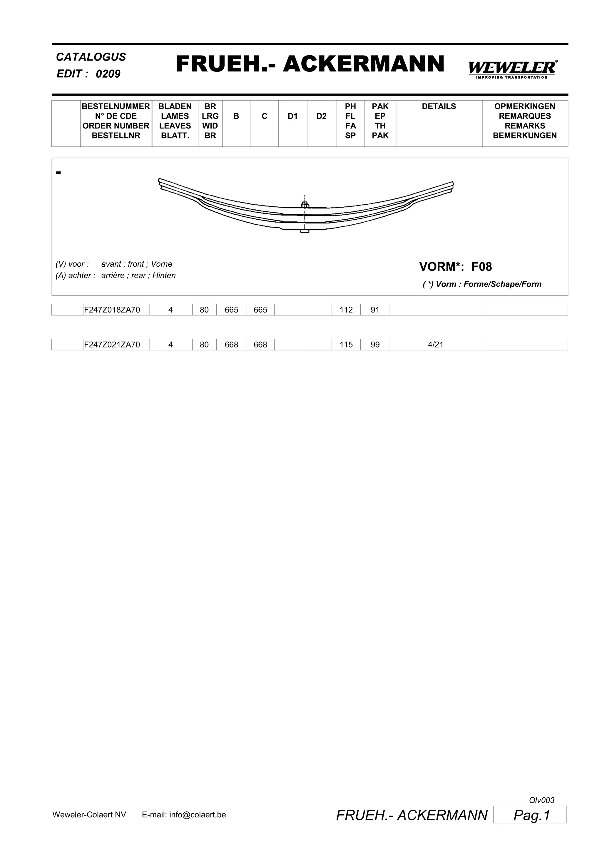 BESTELNUMMER
N° DE CDE
ORDER NUMBER
BESTELLNR
BLADEN
LAMES
LEAVES
BLATT.
BR
LRG
WID
BR
B C D1 D2
PH
FL
FA
SP
PAK
EP
TH
PAK
CATALOGUS
EDIT :
FRUEH.- ACKERMANN0209
DETAILS OPMERKINGEN
REMARQUES
REMARKS
BEMERKUNGEN
-
F08VORM*:(V) voor :
(A) achter :
avant ; front ; Vorne
arrière ; rear ; Hinten
( *) Vorm : Forme/Schape/Form
F247Z018ZA70 4 80 665 665 112 91
F247Z021ZA70 4 80 668 668 115 99 4/21
Pag.1FRUEH.- ACKERMANNWeweler-Colaert NV E-mail: info@colaert.be
Olv003
 