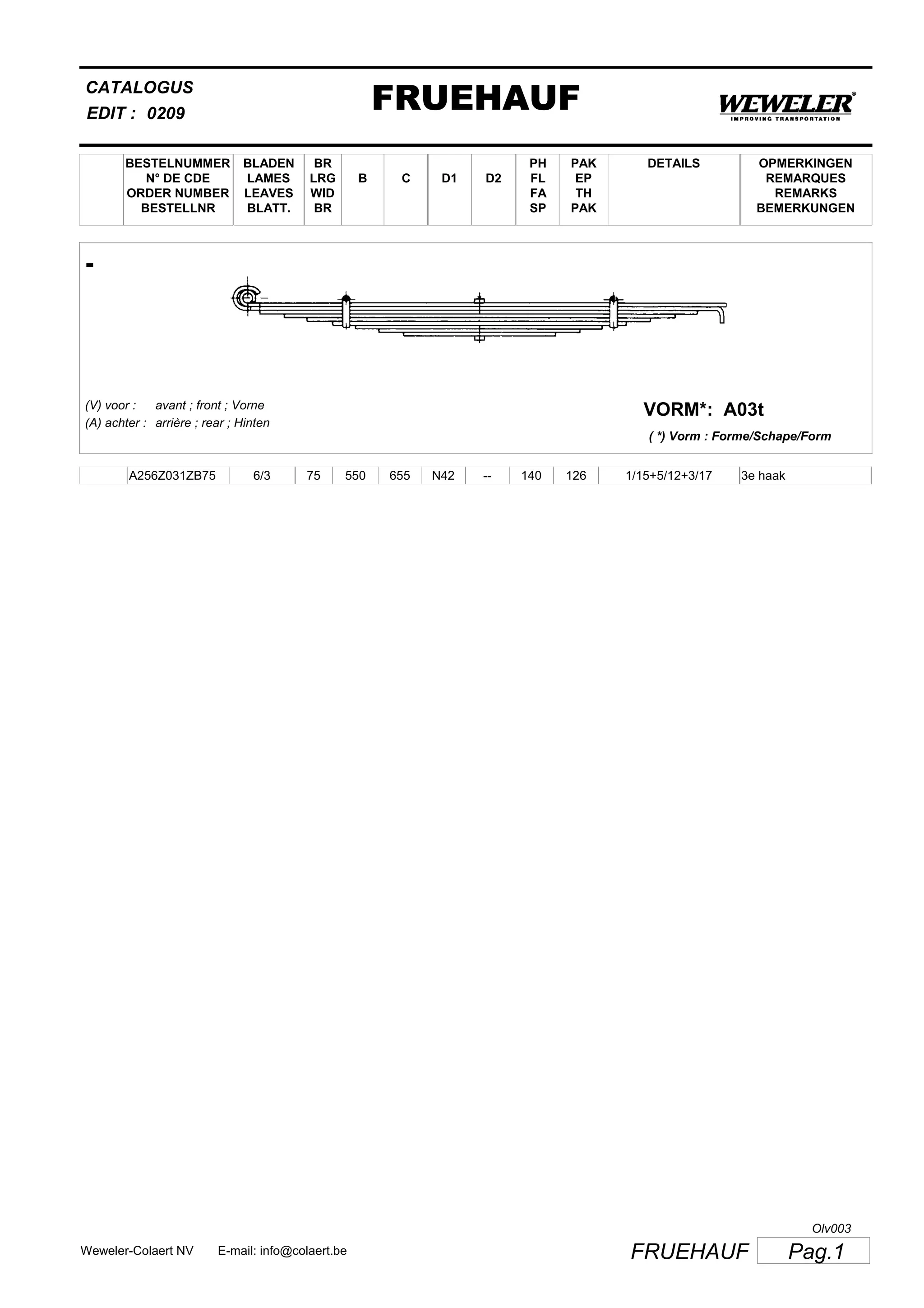 BESTELNUMMER
N° DE CDE
ORDER NUMBER
BESTELLNR
BLADEN
LAMES
LEAVES
BLATT.
BR
LRG
WID
BR
B C D1 D2
PH
FL
FA
SP
PAK
EP
TH
PAK
CATALOGUS
EDIT :
FRUEHAUF0209
DETAILS OPMERKINGEN
REMARQUES
REMARKS
BEMERKUNGEN
-
A03tVORM*:(V) voor :
(A) achter :
avant ; front ; Vorne
arrière ; rear ; Hinten
( *) Vorm : Forme/Schape/Form
A256Z031ZB75 6/3 75 550 655 N42 -- 140 126 1/15+5/12+3/17 3e haak
Pag.1FRUEHAUFWeweler-Colaert NV E-mail: info@colaert.be
Olv003
 