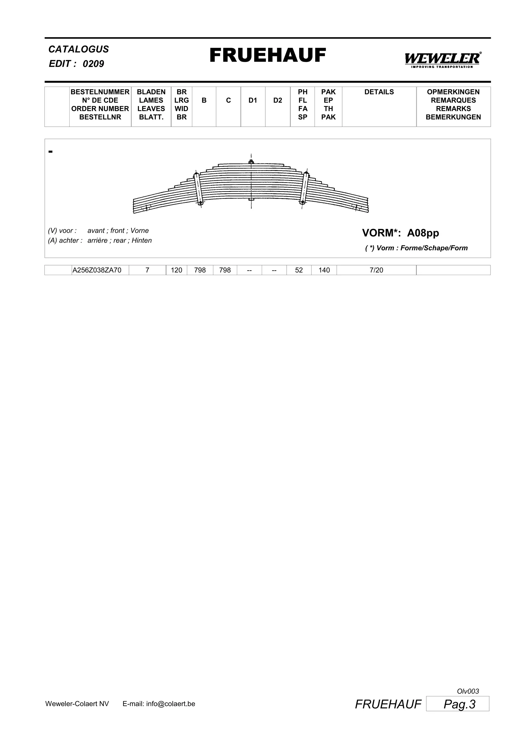 BESTELNUMMER
N° DE CDE
ORDER NUMBER
BESTELLNR
BLADEN
LAMES
LEAVES
BLATT.
BR
LRG
WID
BR
B C D1 D2
PH
FL
FA
SP
PAK
EP
TH
PAK
CATALOGUS
EDIT :
FRUEHAUF0209
DETAILS OPMERKINGEN
REMARQUES
REMARKS
BEMERKUNGEN
-
A08ppVORM*:(V) voor :
(A) achter :
avant ; front ; Vorne
arrière ; rear ; Hinten
( *) Vorm : Forme/Schape/Form
A256Z038ZA70 7 120 798 798 -- -- 52 140 7/20
Pag.3FRUEHAUFWeweler-Colaert NV E-mail: info@colaert.be
Olv003
 