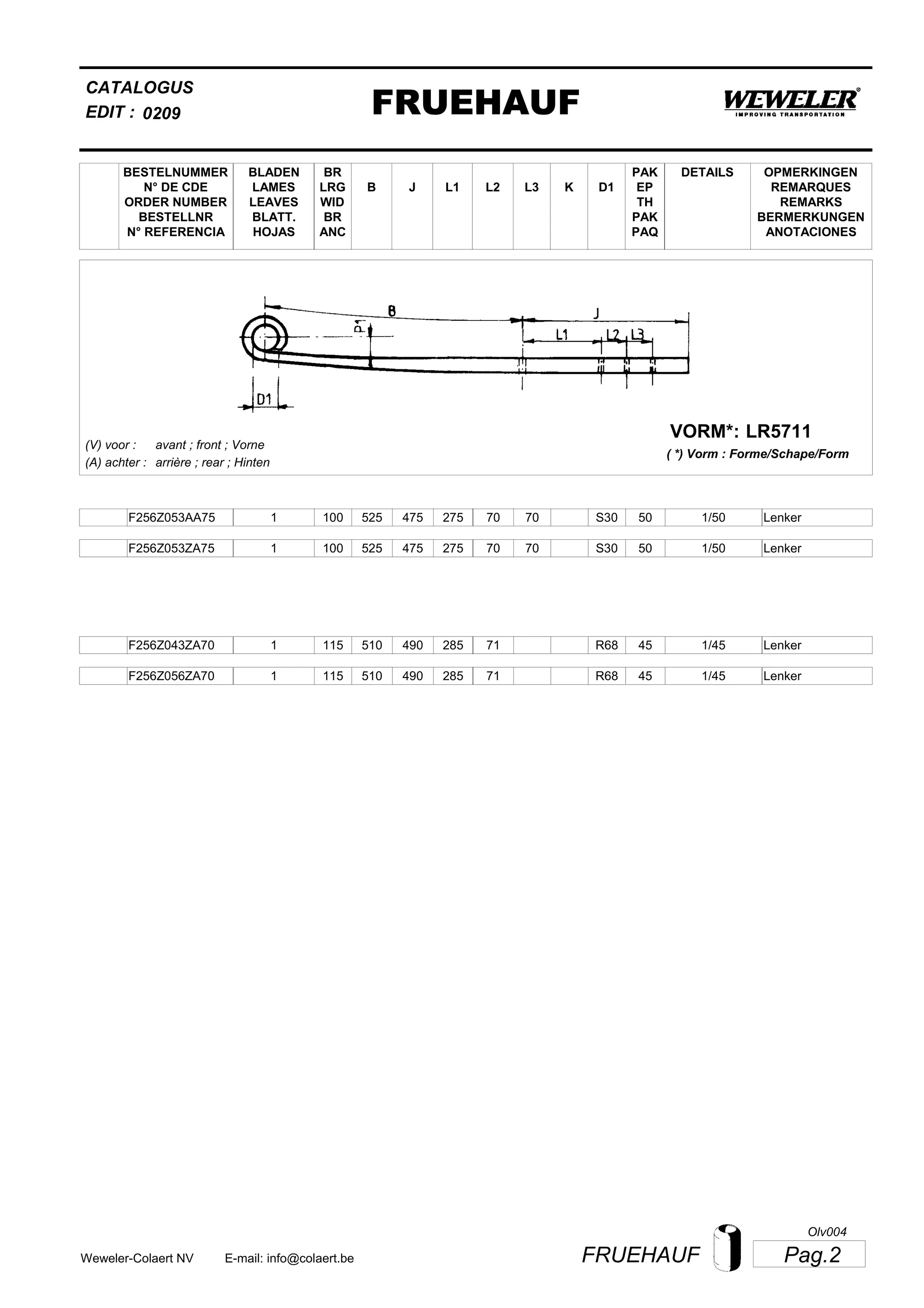 L2
BESTELNUMMER
N° DE CDE
ORDER NUMBER
BESTELLNR
N° REFERENCIA
BLADEN
LAMES
LEAVES
BLATT.
HOJAS
BR
LRG
WID
BR
ANC
B J L3 K
OPMERKINGEN
REMARQUES
REMARKS
BERMERKUNGEN
ANOTACIONES
CATALOGUS
L1 D1
PAK
EP
TH
PAK
PAQ
DETAILS
EDIT : FRUEHAUF0209
LR5711VORM*:
( *) Vorm : Forme/Schape/Form
(V) voor :
(A) achter :
avant ; front ; Vorne
arrière ; rear ; Hinten
F256Z053AA75 1 100 525 475 275 70 70 1/50S30 50 Lenker
F256Z053ZA75 1 100 525 475 275 70 70 1/50S30 50 Lenker
F256Z043ZA70 1 115 510 490 285 71 1/45R68 45 Lenker
F256Z056ZA70 1 115 510 490 285 71 1/45R68 45 Lenker
Pag.2FRUEHAUFWeweler-Colaert NV E-mail: info@colaert.be
Olv004
 