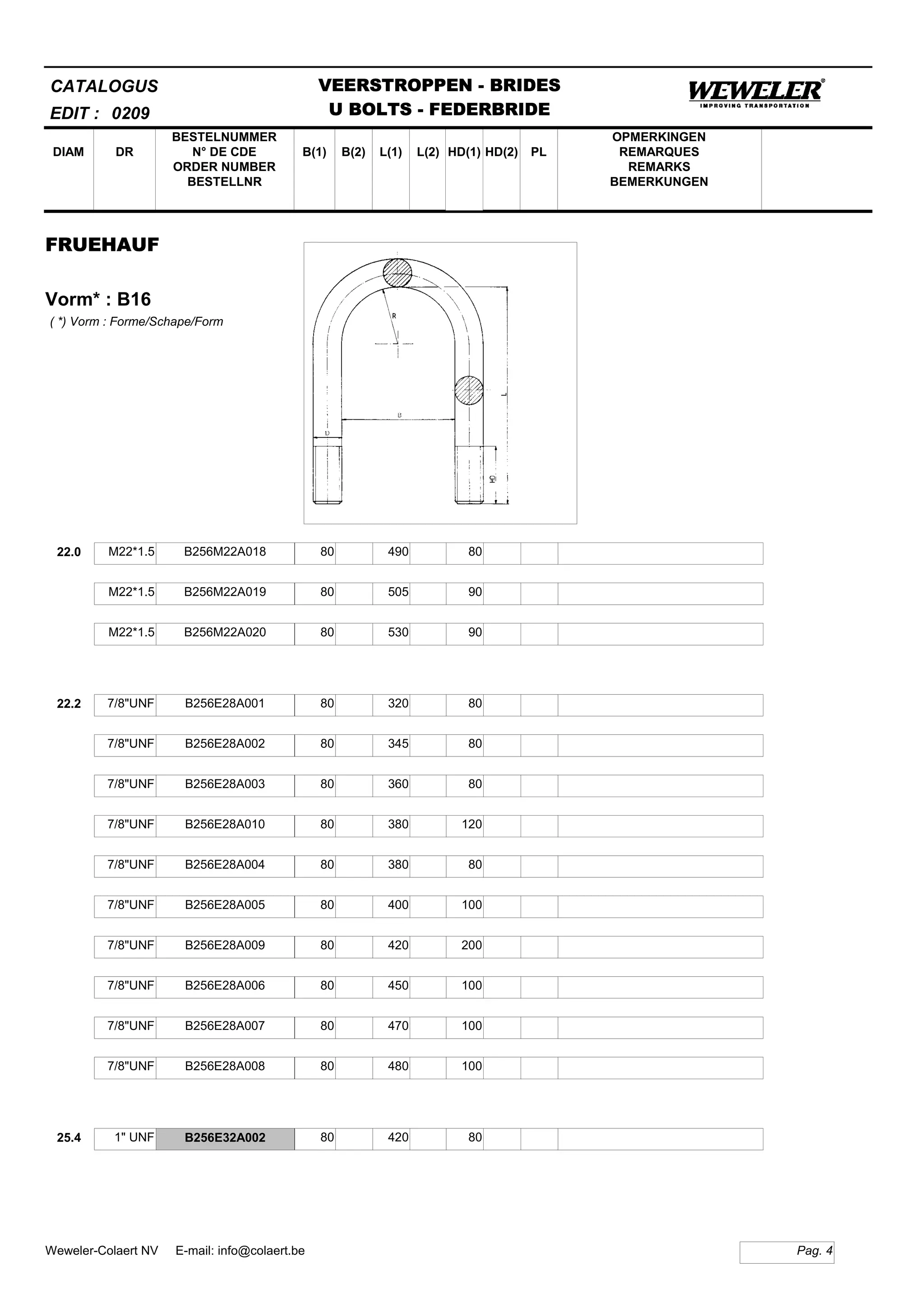 B(1)
BESTELNUMMER
N° DE CDE
ORDER NUMBER
BESTELLNR
DIAM B(2) L(1)
CATALOGUS
DR L(2) HD(1)
VEERSTROPPEN - BRIDES
U BOLTS - FEDERBRIDE
HD(2) PL
OPMERKINGEN
REMARQUES
REMARKS
BEMERKUNGEN
FRUEHAUF
Vorm* : B16
EDIT : 0209
( *) Vorm : Forme/Schape/Form
22.0 M22*1.5 B256M22A018 80 490 80
M22*1.5 B256M22A019 80 505 90
M22*1.5 B256M22A020 80 530 90
22.2 7/8"UNF B256E28A001 80 320 80
7/8"UNF B256E28A002 80 345 80
7/8"UNF B256E28A003 80 360 80
7/8"UNF B256E28A010 80 380 120
7/8"UNF B256E28A004 80 380 80
7/8"UNF B256E28A005 80 400 100
7/8"UNF B256E28A009 80 420 200
7/8"UNF B256E28A006 80 450 100
7/8"UNF B256E28A007 80 470 100
7/8"UNF B256E28A008 80 480 100
25.4 1" UNF B256E32A002 80 420 80
Pag. 4Weweler-Colaert NV E-mail: info@colaert.be
 