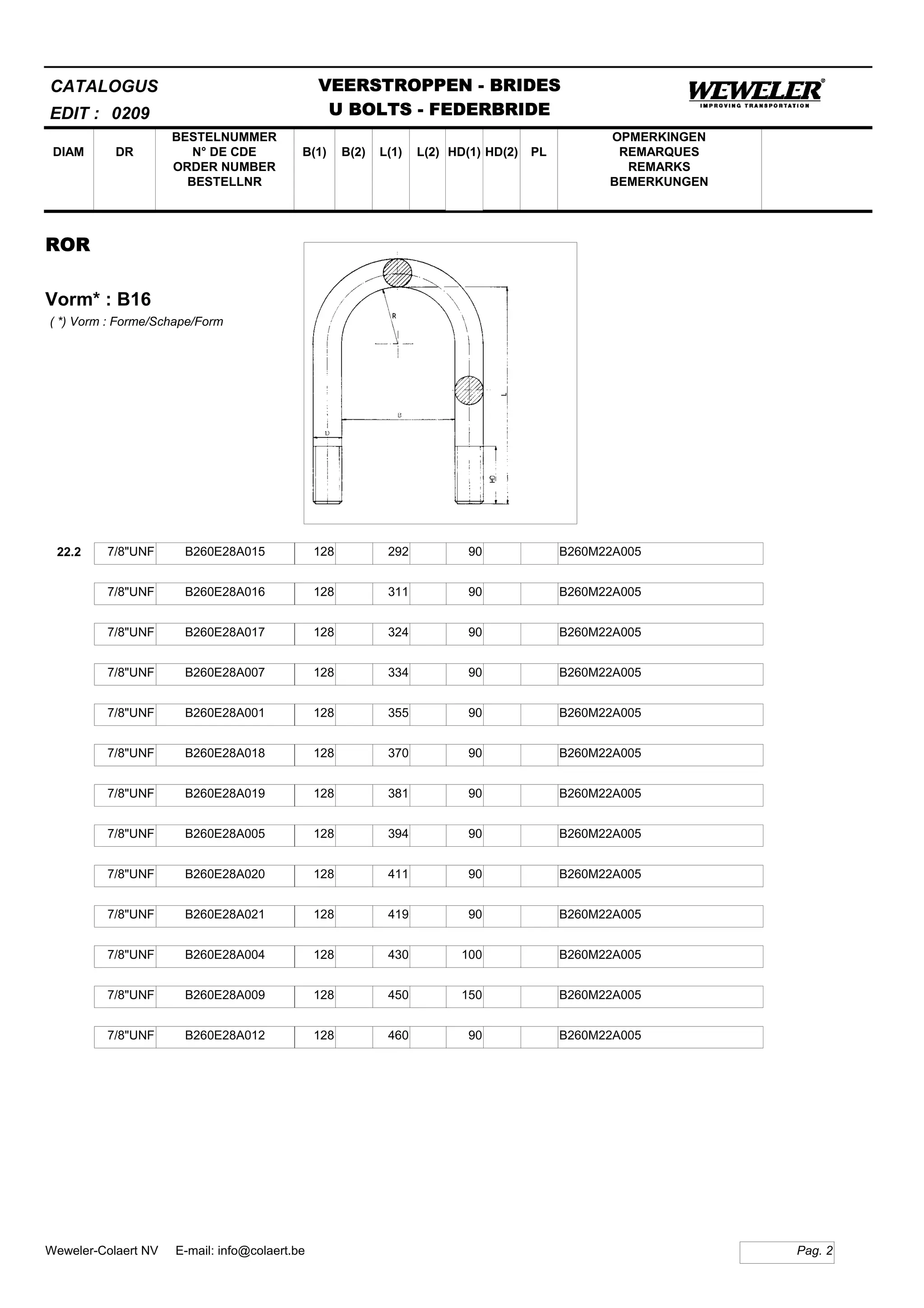 B(1)
BESTELNUMMER
N° DE CDE
ORDER NUMBER
BESTELLNR
DIAM B(2) L(1)
CATALOGUS
DR L(2) HD(1)
VEERSTROPPEN - BRIDES
U BOLTS - FEDERBRIDE
HD(2) PL
OPMERKINGEN
REMARQUES
REMARKS
BEMERKUNGEN
ROR
Vorm* : B16
EDIT : 0209
( *) Vorm : Forme/Schape/Form
22.2 7/8"UNF B260E28A015 128 292 90 B260M22A005
7/8"UNF B260E28A016 128 311 90 B260M22A005
7/8"UNF B260E28A017 128 324 90 B260M22A005
7/8"UNF B260E28A007 128 334 90 B260M22A005
7/8"UNF B260E28A001 128 355 90 B260M22A005
7/8"UNF B260E28A018 128 370 90 B260M22A005
7/8"UNF B260E28A019 128 381 90 B260M22A005
7/8"UNF B260E28A005 128 394 90 B260M22A005
7/8"UNF B260E28A020 128 411 90 B260M22A005
7/8"UNF B260E28A021 128 419 90 B260M22A005
7/8"UNF B260E28A004 128 430 100 B260M22A005
7/8"UNF B260E28A009 128 450 150 B260M22A005
7/8"UNF B260E28A012 128 460 90 B260M22A005
Pag. 2Weweler-Colaert NV E-mail: info@colaert.be
 