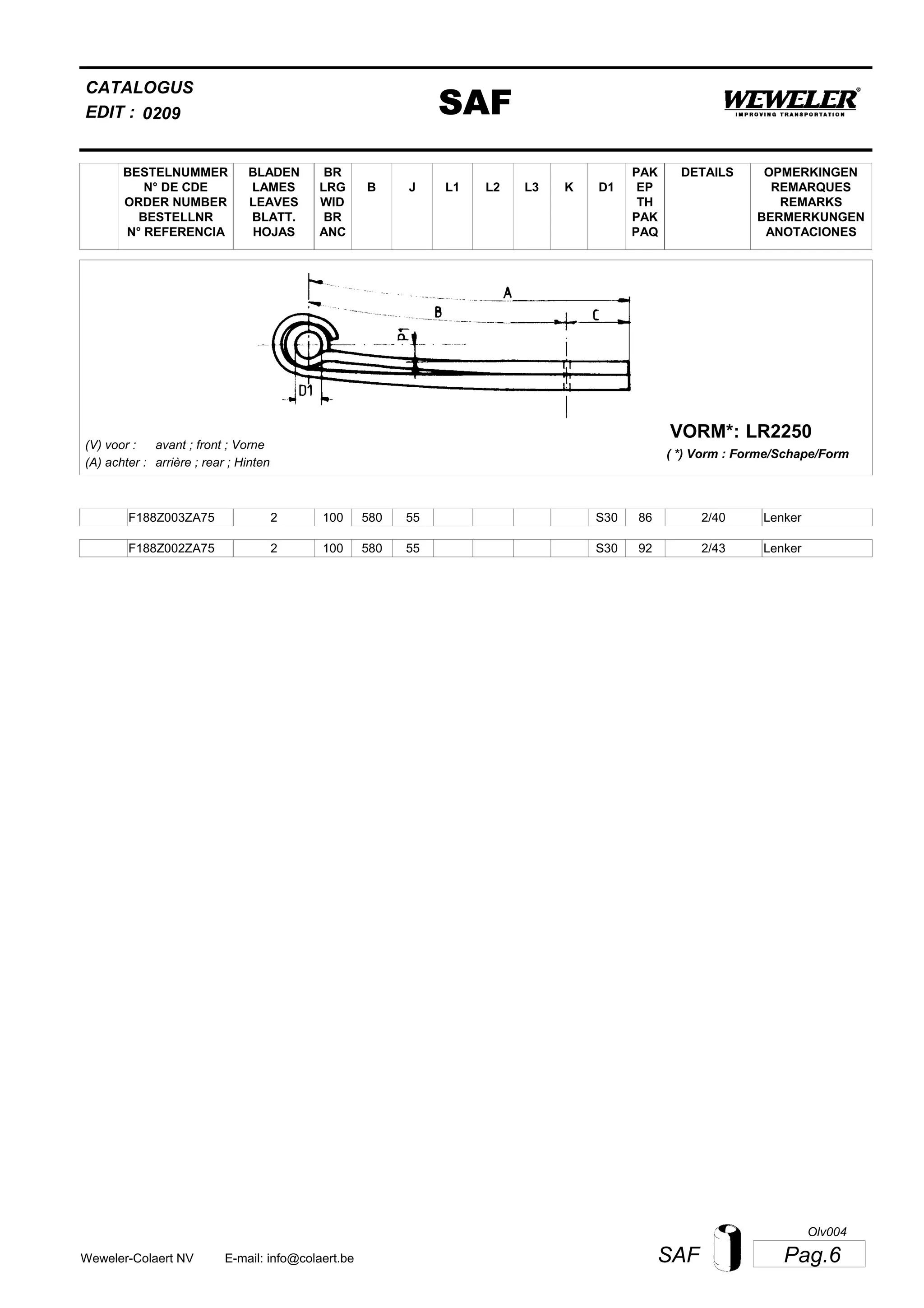 L2
BESTELNUMMER
N° DE CDE
ORDER NUMBER
BESTELLNR
N° REFERENCIA
BLADEN
LAMES
LEAVES
BLATT.
HOJAS
BR
LRG
WID
BR
ANC
B J L3 K
OPMERKINGEN
REMARQUES
REMARKS
BERMERKUNGEN
ANOTACIONES
CATALOGUS
L1 D1
PAK
EP
TH
PAK
PAQ
DETAILS
EDIT : SAF0209
LR2250VORM*:
( *) Vorm : Forme/Schape/Form
(V) voor :
(A) achter :
avant ; front ; Vorne
arrière ; rear ; Hinten
F188Z003ZA75 2 100 580 55 2/40S30 86 Lenker
F188Z002ZA75 2 100 580 55 2/43S30 92 Lenker
Pag.6SAFWeweler-Colaert NV E-mail: info@colaert.be
Olv004
 
