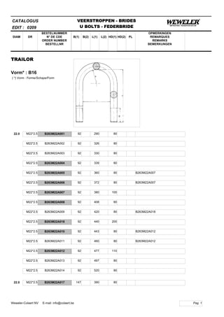 B(1)
BESTELNUMMER
N° DE CDE
ORDER NUMBER
BESTELLNR
DIAM B(2) L(1)
CATALOGUS
DR L(2) HD(1)
VEERSTROPPEN - BRIDES
U BOLTS - FEDERBRIDE
HD(2) PL
OPMERKINGEN
REMARQUES
REMARKS
BEMERKUNGEN
TRAILOR
Vorm* : B16
EDIT : 0209
( *) Vorm : Forme/Schape/Form
22.0 M22*2.5 B263M22A001 92 290 80
M22*2.5 B263M22A002 92 326 80
M22*2.5 B263M22A003 92 330 80
M22*2.5 B263M22A004 92 339 80
M22*2.5 B263M22A005 92 360 80 B263M22A007
M22*2.5 B263M22A006 92 372 80 B263M22A007
M22*2.5 B263M22A007 92 380 100
M22*2.5 B263M22A008 92 408 80
M22*2.5 B263M22A009 92 420 80 B263M22A018
M22*2.5 B263M22A018 92 440 200
M22*2.5 B263M22A010 92 443 80 B263M22A012
M22*2.5 B263M22A011 92 460 80 B263M22A012
M22*2.5 B263M22A012 92 477 110
M22*2.5 B263M22A013 92 497 80
M22*2.5 B263M22A014 92 520 80
22.0 M22*2.5 B263M22A017 147 390 80
Pag. 1Weweler-Colaert NV E-mail: info@colaert.be
 