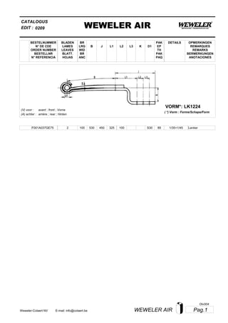 L2
BESTELNUMMER
N° DE CDE
ORDER NUMBER
BESTELLNR
N° REFERENCIA
BLADEN
LAMES
LEAVES
BLATT.
HOJAS
BR
LRG
WID
BR
ANC
B J L3 K
OPMERKINGEN
REMARQUES
REMARKS
BERMERKUNGEN
ANOTACIONES
CATALOGUS
L1 D1
PAK
EP
TH
PAK
PAQ
DETAILS
EDIT : WEWELER AIR0209
LK1224VORM*:
( *) Vorm : Forme/Schape/Form
(V) voor :
(A) achter :
avant ; front ; Vorne
arrière ; rear ; Hinten
F001A037GE75 2 100 530 450 325 100 1/35+1/45S30 89 Lenker
Pag.1WEWELER AIRWeweler-Colaert NV E-mail: info@colaert.be
Olv004
 