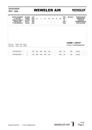 L2
BESTELNUMMER
N° DE CDE
ORDER NUMBER
BESTELLNR
N° REFERENCIA
BLADEN
LAMES
LEAVES
BLATT.
HOJAS
BR
LRG
WID
BR
ANC
B J L3 K
OPMERKINGEN
REMARQUES
REMARKS
BERMERKUNGEN
ANOTACIONES
CATALOGUS
L1 D1
PAK
EP
TH
PAK
PAQ
DETAILS
EDIT : WEWELER AIR0209
LK6757VORM*:
( *) Vorm : Forme/Schape/Form
(V) voor :
(A) achter :
avant ; front ; Vorne
arrière ; rear ; Hinten
F001A037FE75 1 100 530 450 330 100 1/45S30 50 Lenker
F001A037HE75 1 100 530 450 330 100 1/48S30 53 Lenker
Pag.3WEWELER AIRWeweler-Colaert NV E-mail: info@colaert.be
Olv004
 