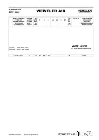 L2
BESTELNUMMER
N° DE CDE
ORDER NUMBER
BESTELLNR
N° REFERENCIA
BLADEN
LAMES
LEAVES
BLATT.
HOJAS
BR
LRG
WID
BR
ANC
B J L3 K
OPMERKINGEN
REMARQUES
REMARKS
BERMERKUNGEN
ANOTACIONES
CATALOGUS
L1 D1
PAK
EP
TH
PAK
PAQ
DETAILS
EDIT : WEWELER AIR0209
LK6767VORM*:
( *) Vorm : Forme/Schape/Form
(V) voor :
(A) achter :
avant ; front ; Vorne
arrière ; rear ; Hinten
F001A037IF75 1 100 562 490 380 54 Lenker
Pag.5WEWELER AIRWeweler-Colaert NV E-mail: info@colaert.be
Olv004
 