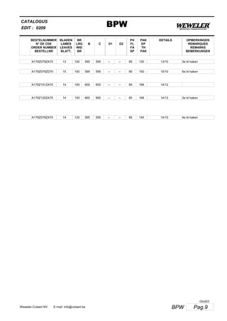 BESTELNUMMER
N° DE CDE
ORDER NUMBER
BESTELLNR
BLADEN
LAMES
LEAVES
BLATT.
BR
LRG
WID
BR
B C D1 D2
PH
FL
FA
SP
PAK
EP
TH
PAK
CATALOGUS
EDIT :
BPW0209
DETAILS OPMERKINGEN
REMARQUES
REMARKS
BEMERKUNGEN
A179Z079ZA70 13 100 595 595 -- -- 85 130 13/10 3e bl haken
A179Z079ZD70 15 100 595 595 -- -- 90 150 15/10 5e bl haken
A179Z151ZA70 14 100 600 600 -- -- 85 168 14/12
A179Z120ZA70 14 100 665 665 -- -- 85 168 14/12 3e bl haken
A179Z078ZA70 14 120 595 595 -- -- 85 140 14/10 4e bl haken
Pag.9BPWWeweler-Colaert NV E-mail: info@colaert.be
Olv003
 
