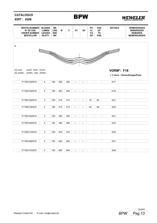 BESTELNUMMER
N° DE CDE
ORDER NUMBER
BESTELLNR
BLADEN
LAMES
LEAVES
BLATT.
BR
LRG
WID
BR
B C D1 D2
PH
FL
FA
SP
PAK
EP
TH
PAK
CATALOGUS
EDIT :
BPW0209
DETAILS OPMERKINGEN
REMARQUES
REMARKS
BEMERKUNGEN
-
F18VORM*:(V) voor :
(A) achter :
avant ; front ; Vorne
arrière ; rear ; Hinten
( *) Vorm : Forme/Schape/Form
F179Z153ZA70 4 100 500 500 -- -- 4/17
F179Z144ZA70 4 100 503 503 -- -- 4/16
F179Z130ZA70 3 100 515 515 -- -- 75 63 3/21
F179Z216ZA70 3 100 515 515 -- -- 84 69 3/23
F179Z145ZA70 3 100 550 550 -- -- 3/21
F179Z162ZA70 3 100 550 550 -- -- 3/23
F179Z131ZA70 3 100 570 570 -- -- 3/24
F179Z199ZA70 3 100 600 600 -- -- 3/21
F179Z137ZA70 3 100 605 605 -- -- 3/26
Pag.13BPWWeweler-Colaert NV E-mail: info@colaert.be
Olv003
 