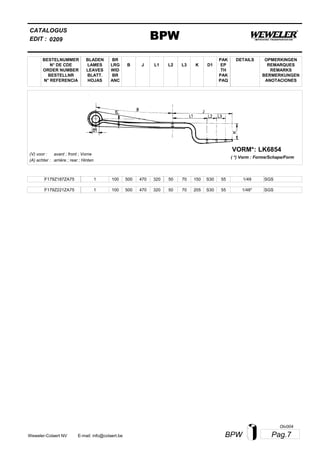 L2
BESTELNUMMER
N° DE CDE
ORDER NUMBER
BESTELLNR
N° REFERENCIA
BLADEN
LAMES
LEAVES
BLATT.
HOJAS
BR
LRG
WID
BR
ANC
B J L3 K
OPMERKINGEN
REMARQUES
REMARKS
BERMERKUNGEN
ANOTACIONES
CATALOGUS
L1 D1
PAK
EP
TH
PAK
PAQ
DETAILS
EDIT : BPW0209
LK6854VORM*:
( *) Vorm : Forme/Schape/Form
(V) voor :
(A) achter :
avant ; front ; Vorne
arrière ; rear ; Hinten
F179Z187ZA75 1 100 500 470 320 50 70 150 1/49S30 55 SGS
F179Z221ZA75 1 100 500 470 320 50 70 205 1/48*S30 55 SGS
Pag.7BPWWeweler-Colaert NV E-mail: info@colaert.be
Olv004
 