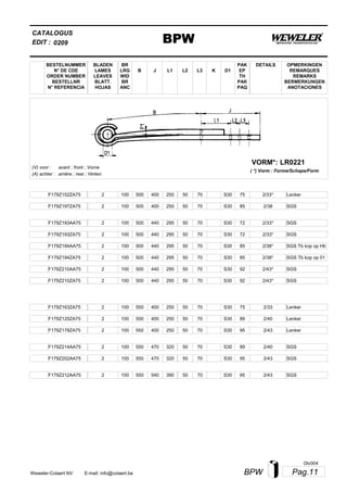 L2
BESTELNUMMER
N° DE CDE
ORDER NUMBER
BESTELLNR
N° REFERENCIA
BLADEN
LAMES
LEAVES
BLATT.
HOJAS
BR
LRG
WID
BR
ANC
B J L3 K
OPMERKINGEN
REMARQUES
REMARKS
BERMERKUNGEN
ANOTACIONES
CATALOGUS
L1 D1
PAK
EP
TH
PAK
PAQ
DETAILS
EDIT : BPW0209
LR0221VORM*:
( *) Vorm : Forme/Schape/Form
(V) voor :
(A) achter :
avant ; front ; Vorne
arrière ; rear ; Hinten
F179Z152ZA75 2 100 500 400 250 50 70 2/33*S30 75 Lenker
F179Z197ZA75 2 100 500 400 250 50 70 2/38S30 85 SGS
F179Z193AA75 2 100 500 440 295 50 70 2/33*S30 72 SGS
F179Z193ZA75 2 100 500 440 295 50 70 2/33*S30 72 SGS
F179Z194AA75 2 100 500 440 295 50 70 2/38*S30 85 SGS Tb kop op Hb
F179Z194ZA75 2 100 500 440 295 50 70 2/38*S30 85 SGS Tb kop op 01
F179Z210AA75 2 100 500 440 295 50 70 2/43*S30 92 SGS
F179Z210ZA75 2 100 500 440 295 50 70 2/43*S30 92 SGS
F179Z163ZA75 2 100 550 400 250 50 70 2/33S30 75 Lenker
F179Z125ZA75 2 100 550 400 250 50 70 2/40S30 89 Lenker
F179Z178ZA75 2 100 550 400 250 50 70 2/43S30 95 Lenker
F179Z214AA75 2 100 550 470 320 50 70 2/40S30 89 SGS
F179Z202AA75 2 100 550 470 320 50 70 2/43S30 95 SGS
F179Z212AA75 2 100 550 540 390 50 70 2/43S30 95 SGS
Pag.11BPWWeweler-Colaert NV E-mail: info@colaert.be
Olv004
 